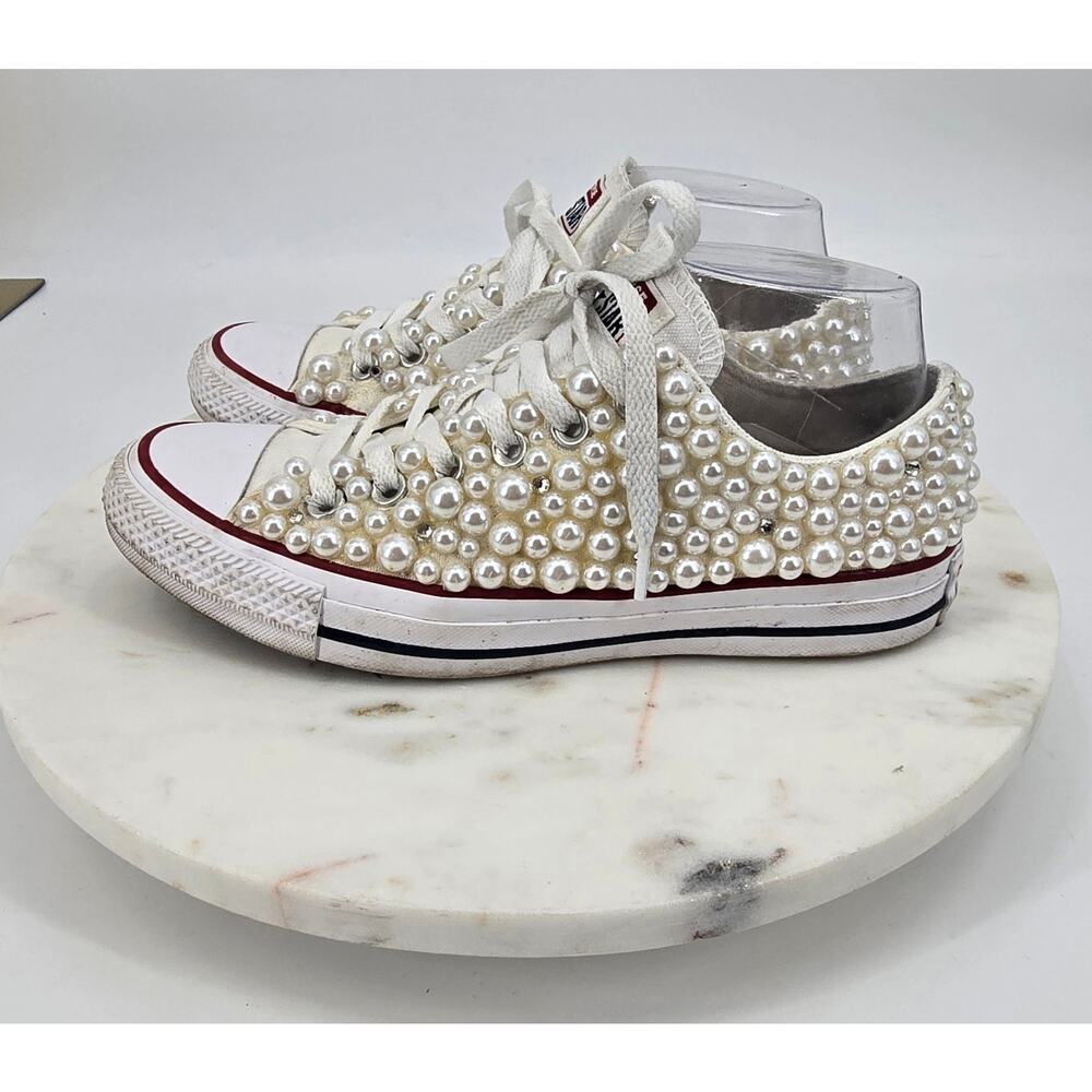 Custom Bridal Coquette Girly Whimsical Pearl Converse All Star Low Tops -